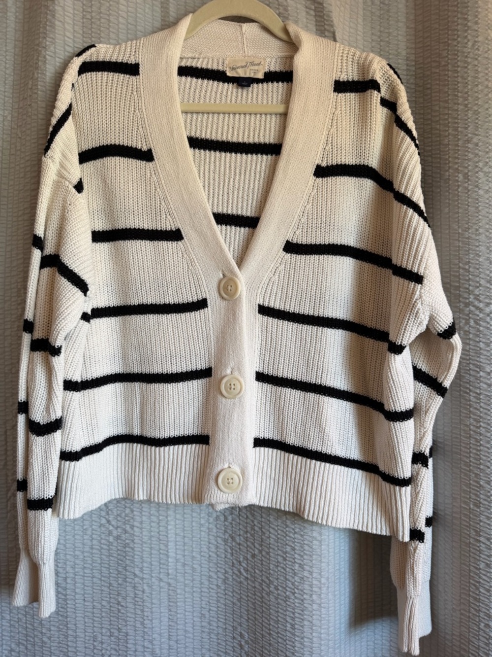 100% Universal Thread Cream and Black Striped V-Neck Button Cardigan
